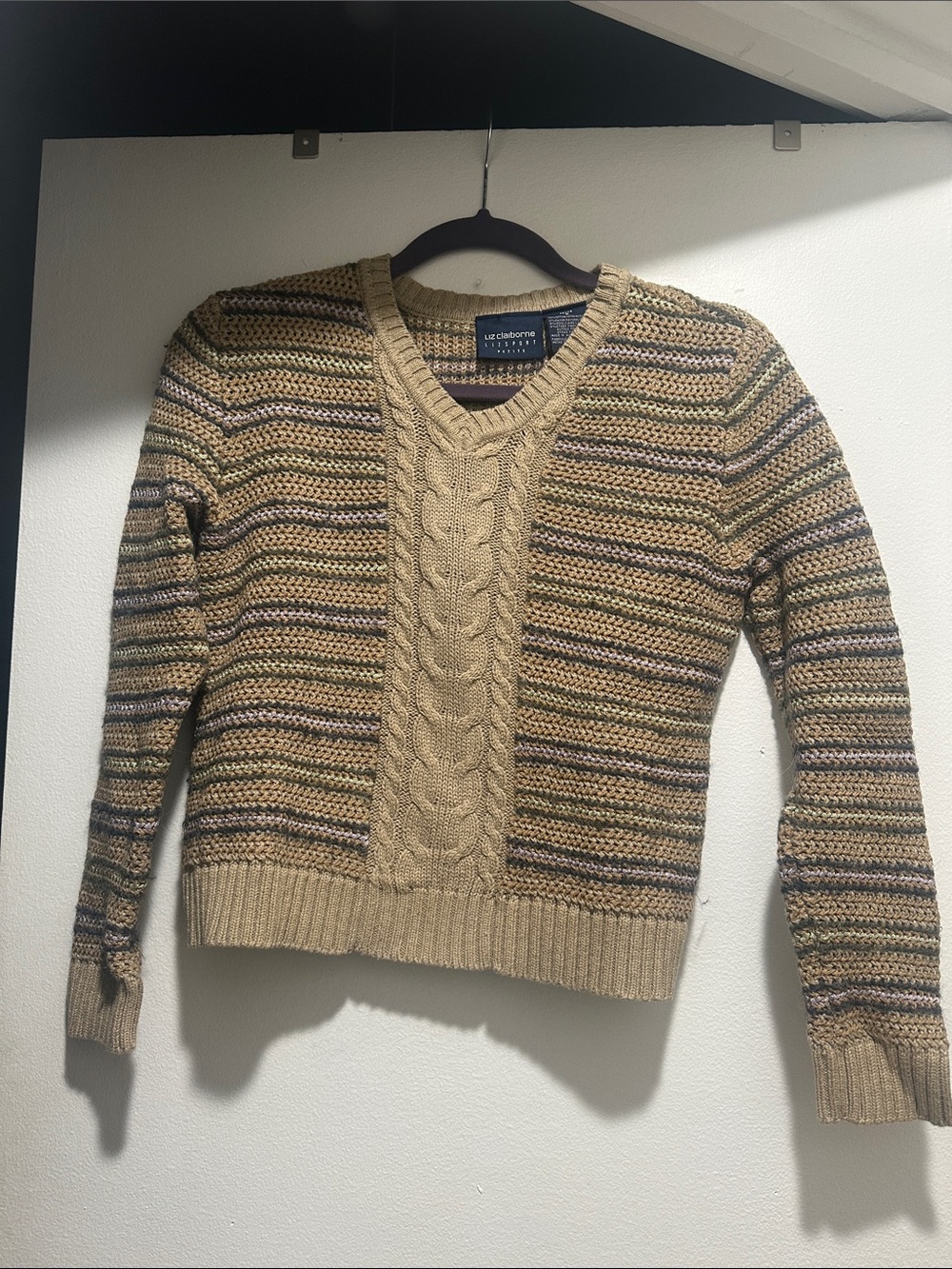 Liz Claiborne Tan Multicolor Striped V-Neck Cable Knit Sweater